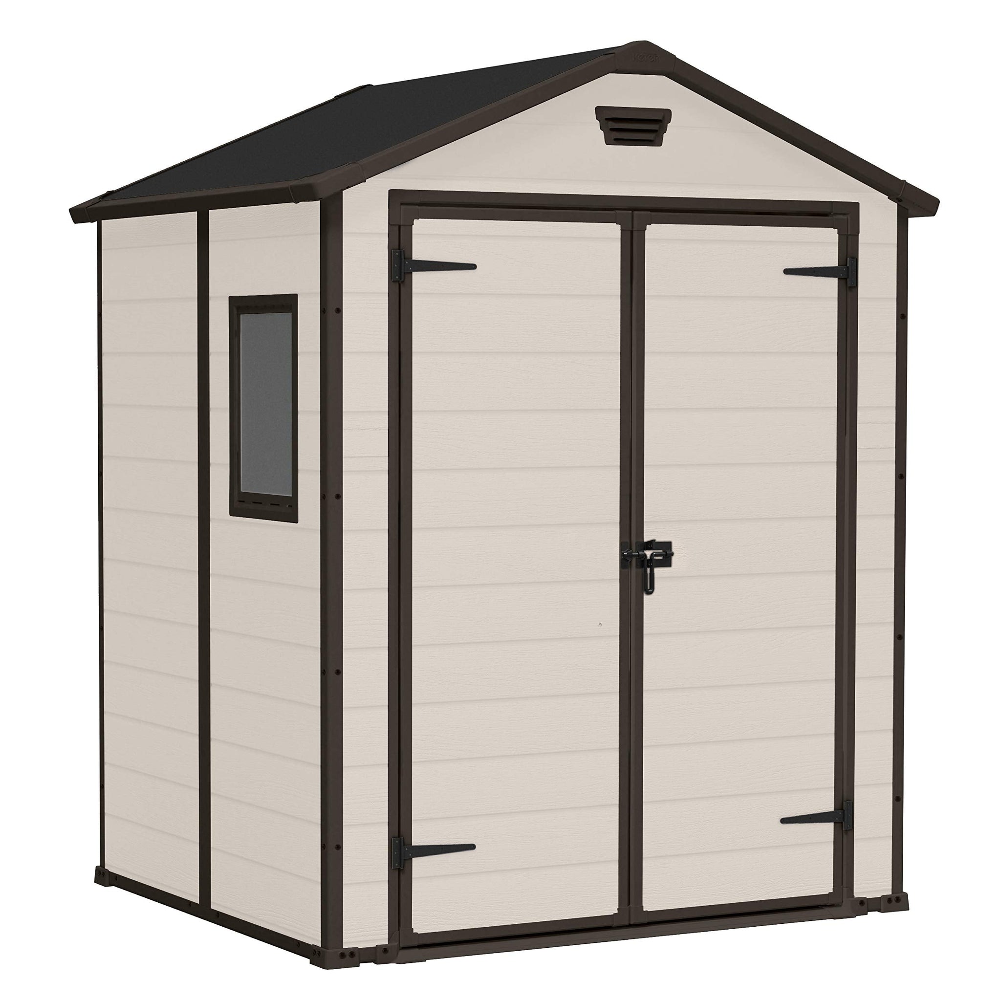 Keter Manor Outdoor Apex Double Door Garden Storage Shed 6 x 5ft Beige Brown Wood effect | Fade Free | All Weather Resistant | Safe and Secure | Zero Maintenance | 15 year Warranty